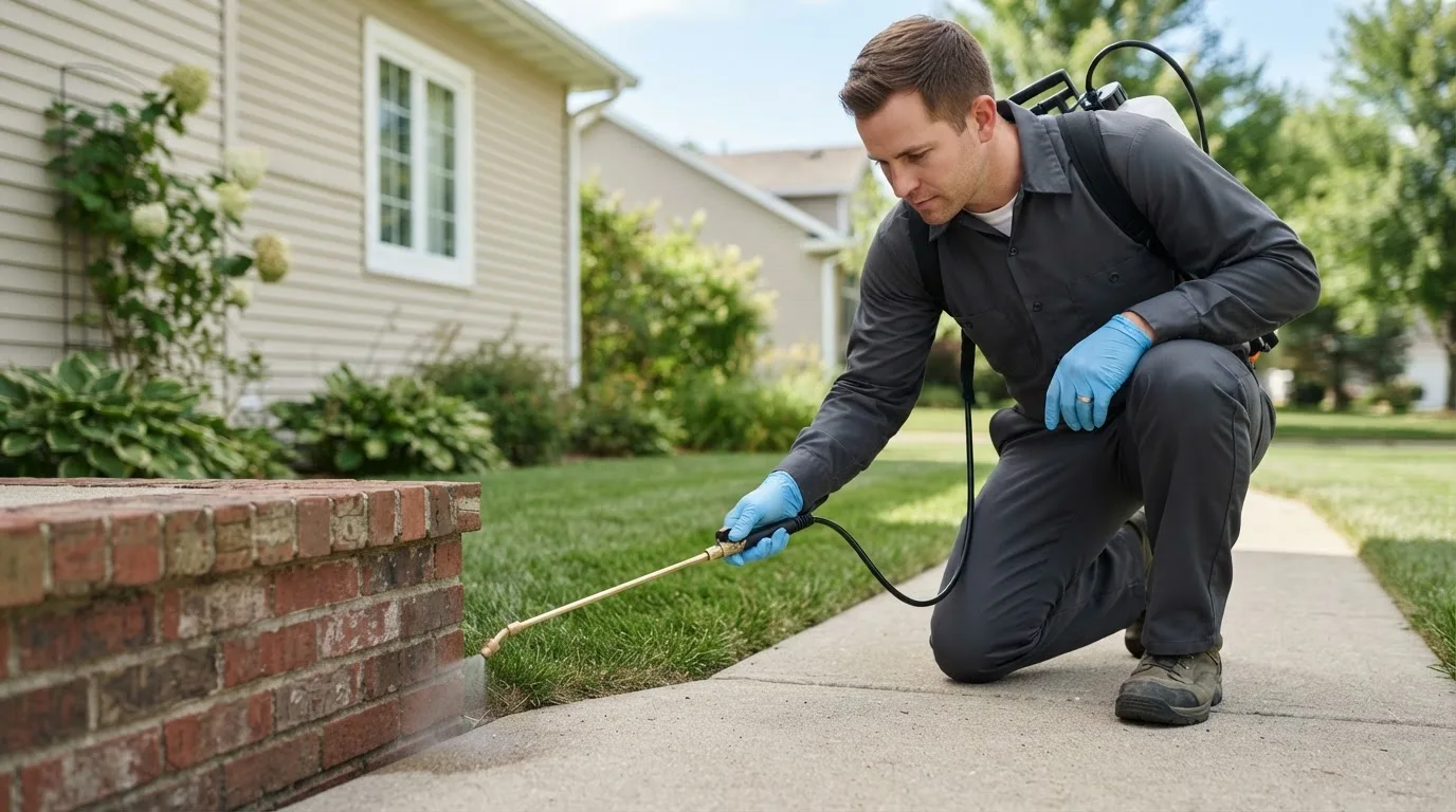 Pest control technician treating a home near Finksburg, MD